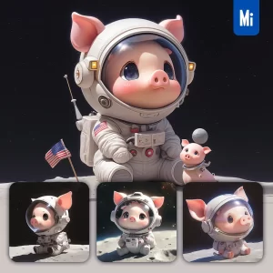 Midjourney Prompt Pig Cute Sit White Astronaut Helmet Spaceman 3D Toy Animation
