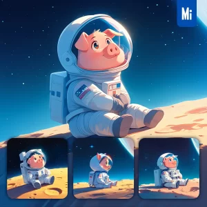 Midjourney Prompt Pig Cute Sit White Astronaut Helmet Spaceman Cartoon Animation