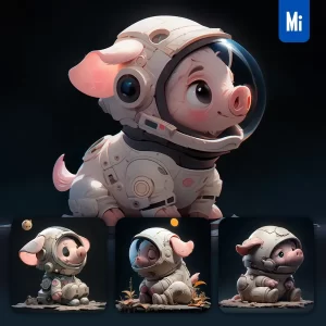Midjourney Prompt Pig Sit White Astronaut Helmet Spaceman 3D Toy