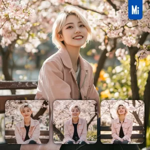 Midjourney Prompt Pink Girl Woman Jacket Jeans Blooming Flower Park Spring Branches Photography