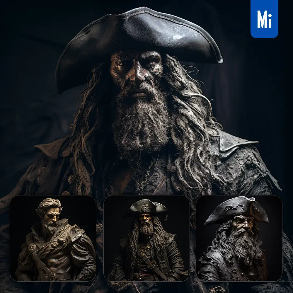 Midjourney Prompt Pirate Captain Dark Portrait 3D Sculpture