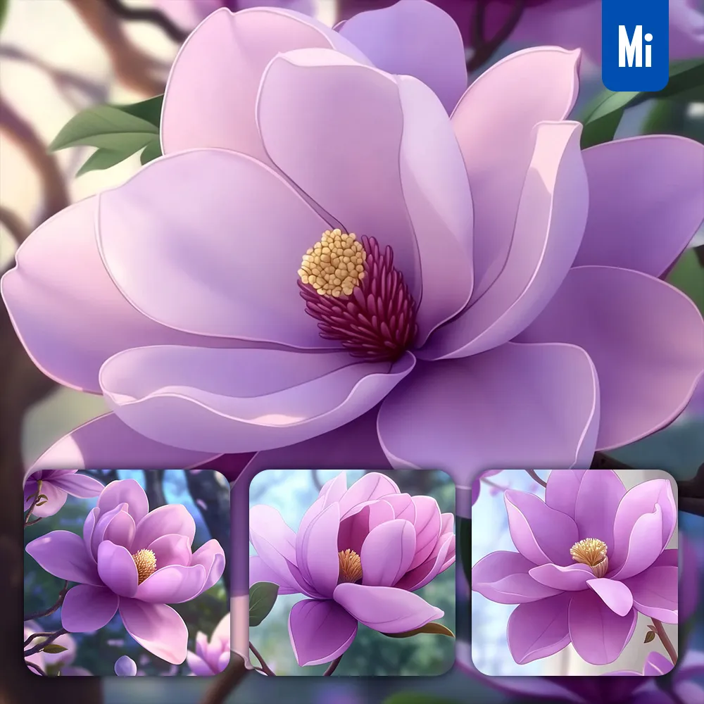 Midjourney Prompt Purple Magnolia Trunk Branch Flower Realistic Cartoon 3D Animation