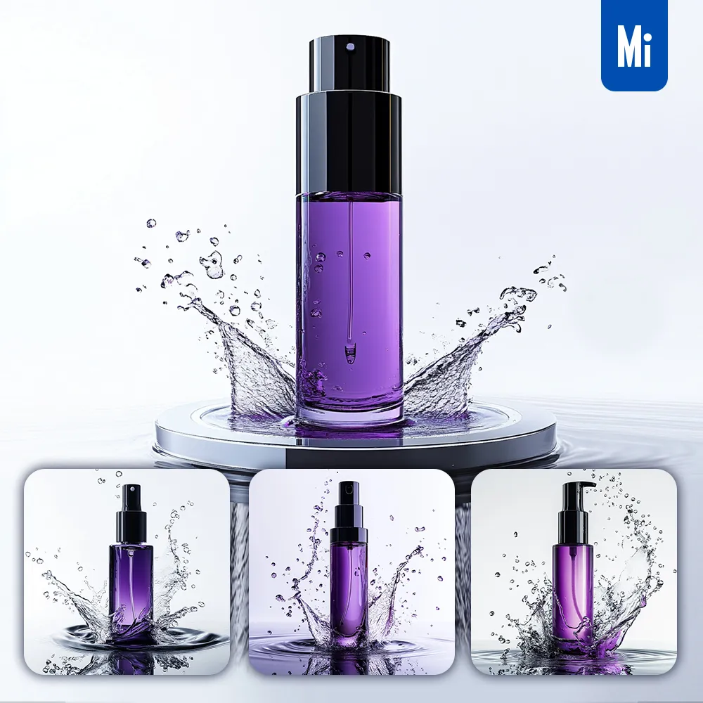 Midjourney Prompt Purple Skin Care Bottle Water Splash 3D Photography