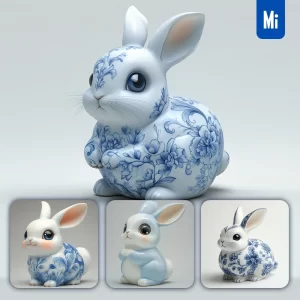 Midjourney Prompt Rabbit Cute Chinese Porcelain Pattern Art Animal 3D Artwork