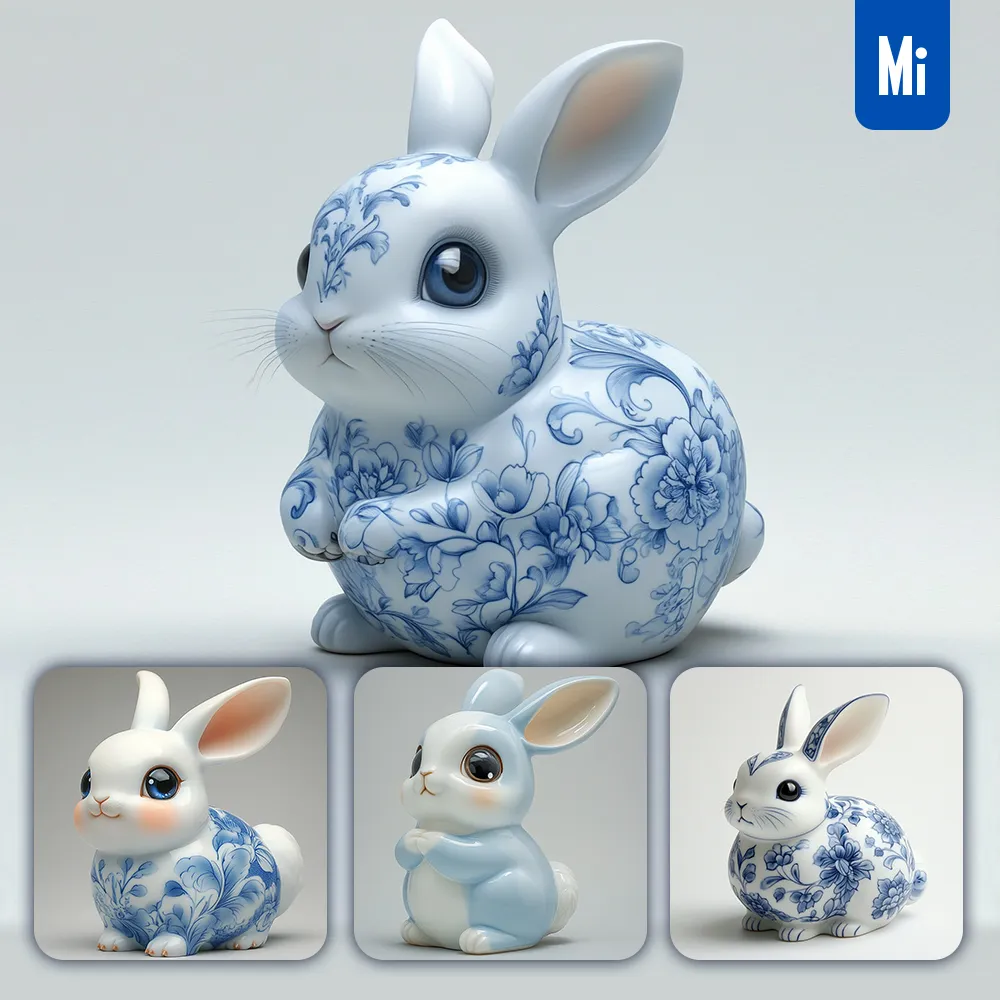 Midjourney Prompt Rabbit Cute Chinese Porcelain Pattern Art Animal 3D Artwork