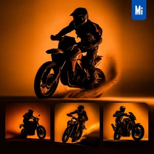 Midjourney Prompt Rally Motorcycle Side Orange Yellow Silhouette Photography