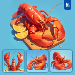 Midjourney Prompt Red Cooked Lobster Blue 3D Game Icon Cartoon