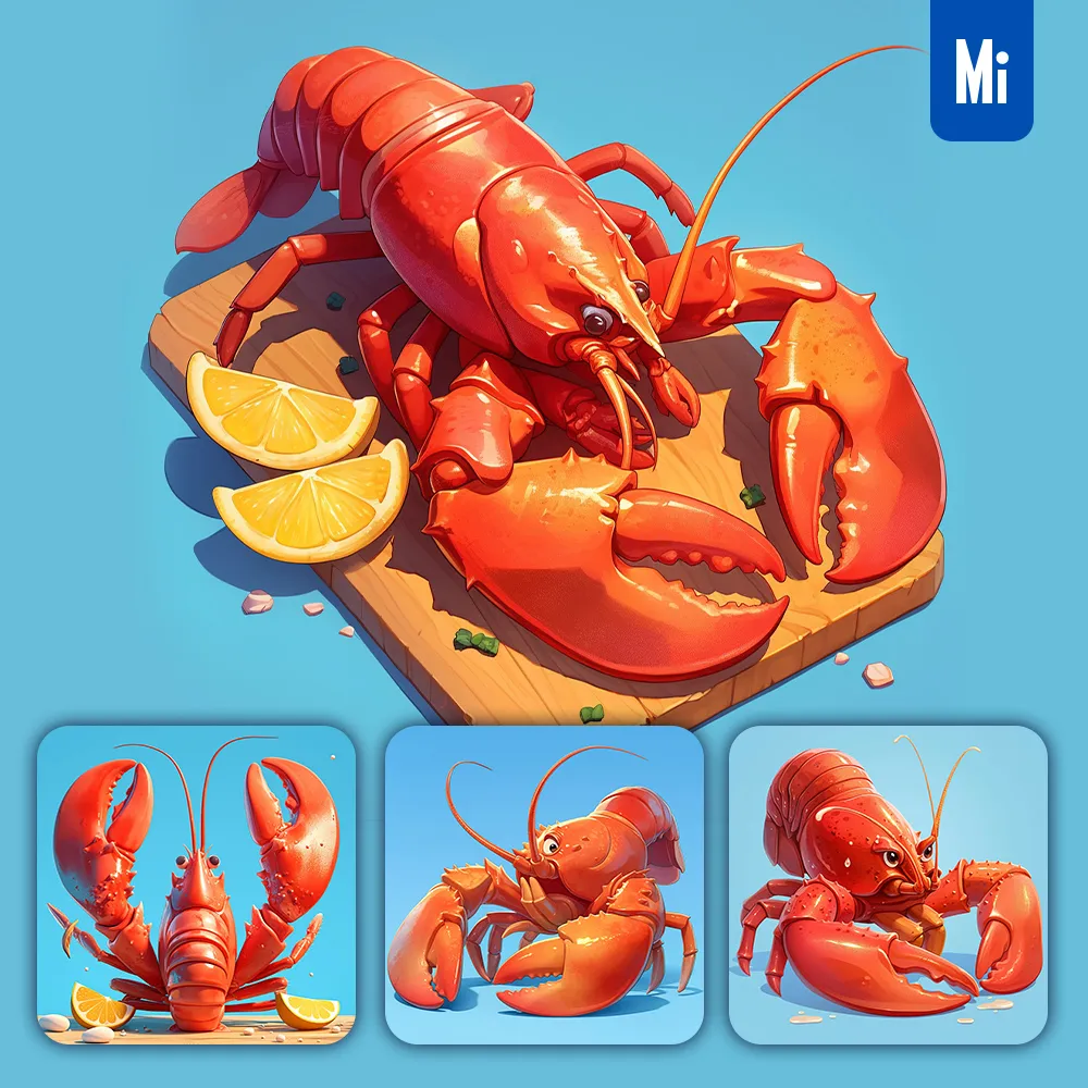 Midjourney Prompt Red Cooked Lobster Blue 3D Game Icon Cartoon