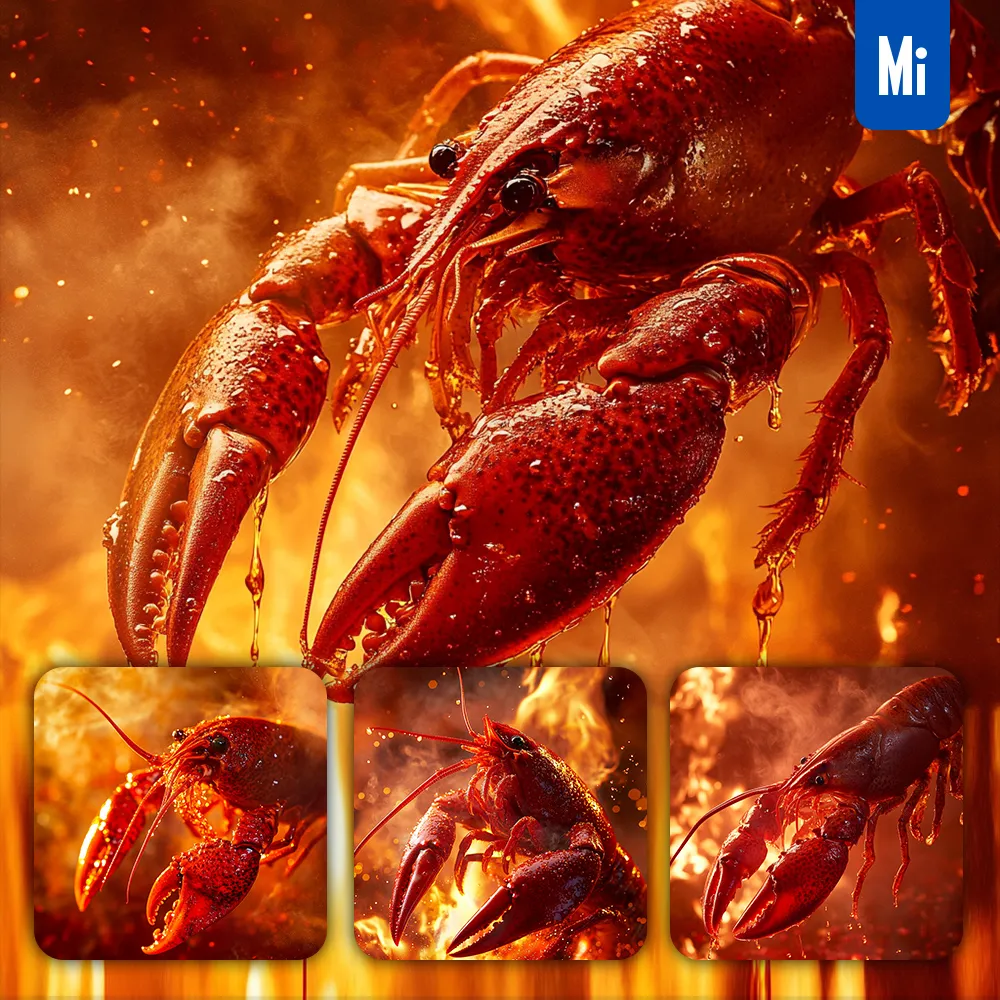 Midjourney Prompt Red Crawfish Chili Hot Fire Delicious Photography