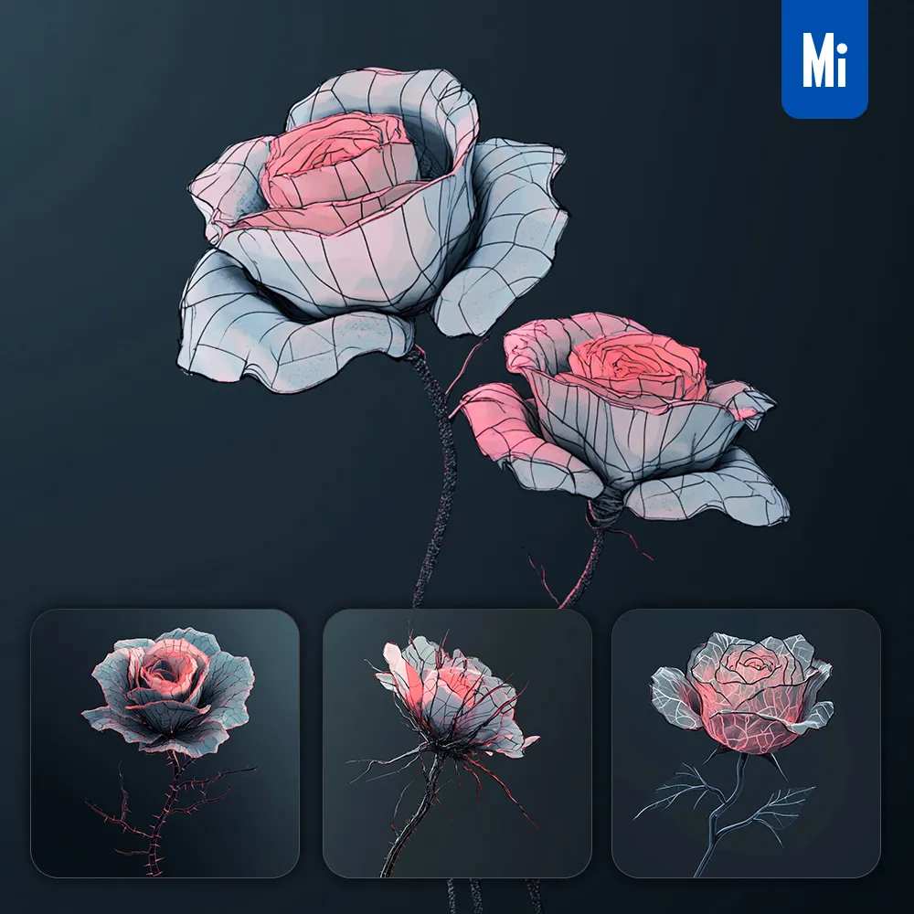 Midjourney Prompt Red Rose Flower Plant Glass 3D Poly Rendering Geometry