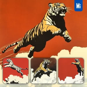 Midjourney Prompt Red Sky Tiger Jump Cloud Woodcut Print Woodblock