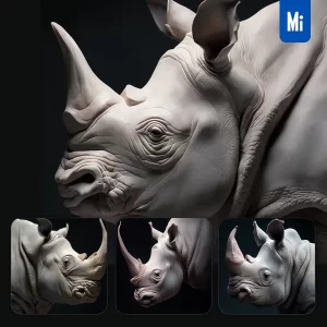 Midjourney Prompt Rhinoceros Head Face Porcelain White Skin Sculpture 3D
