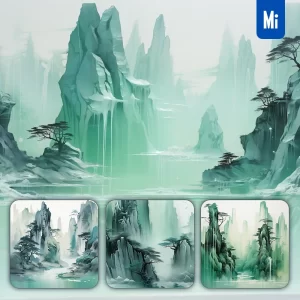 Midjourney Prompt Rock Tree Mountain Lake Green Digital Ink Painting