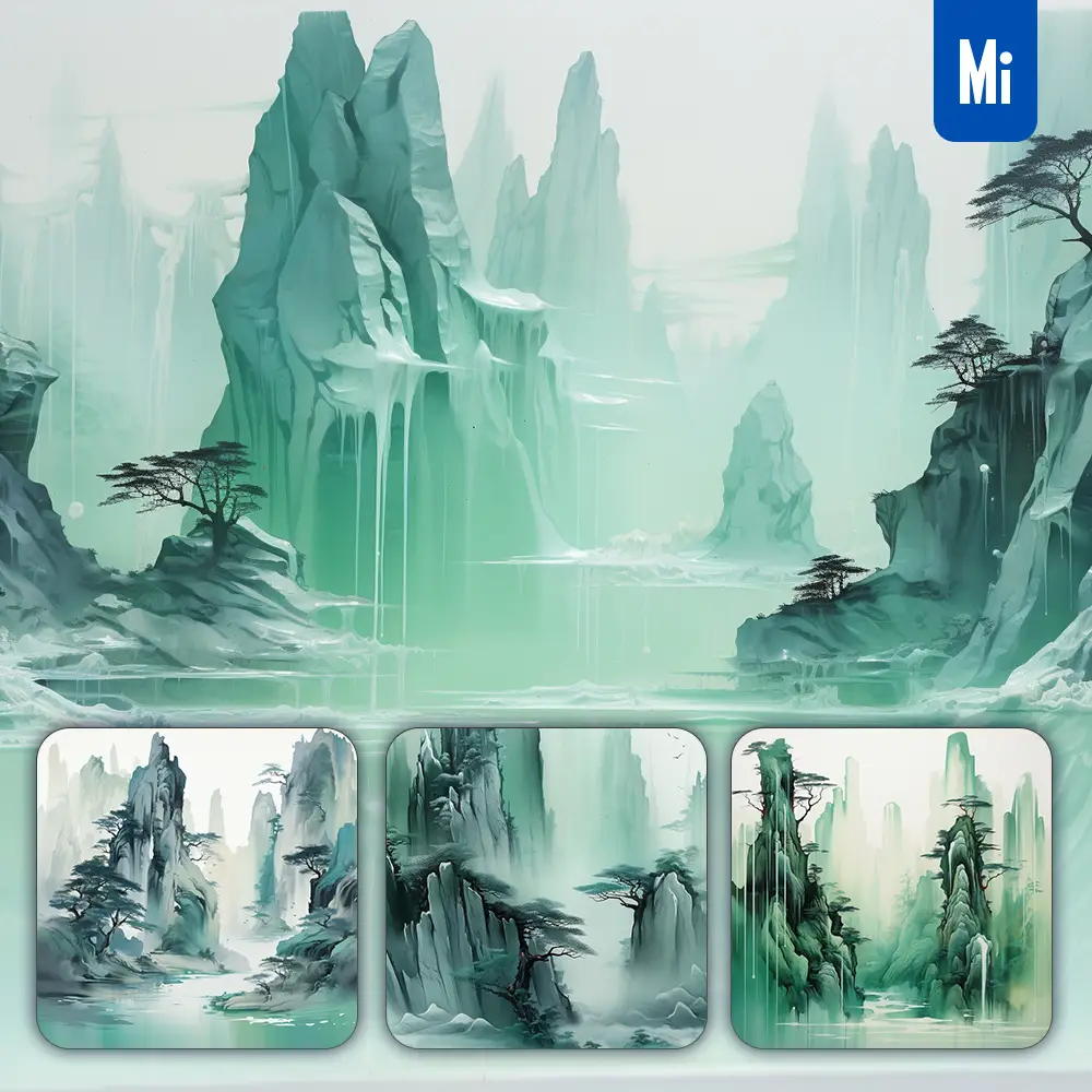 Midjourney Prompt Rock Tree Mountain Lake Green Digital Ink Painting