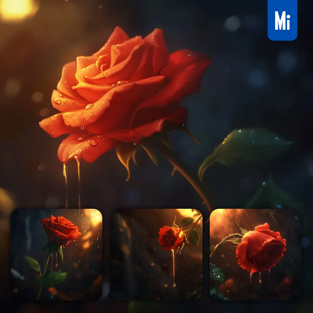 Midjourney Prompt Rose Red Dripping Water Drop Rain Liquid Dark Painting