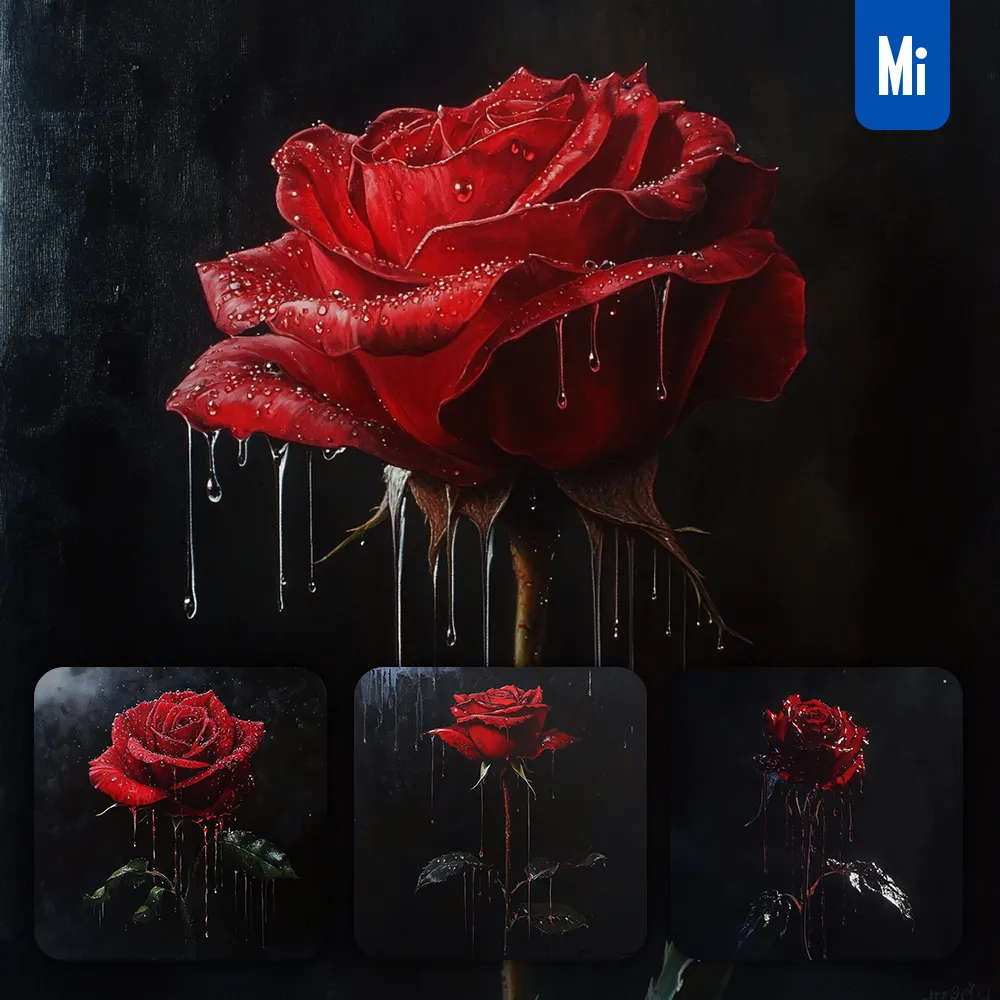 Midjourney Prompt Rose Red Dripping Water Drop Rain Liquid Dark Photography
