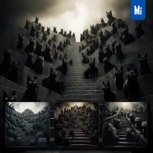 Midjourney Prompt Stair Black Cat Group Realistic Painting Illustration