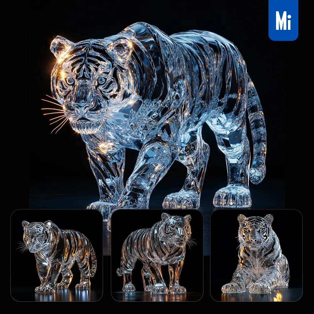 Midjourney Prompt Tiger Glass Crystal 3D Sparkle Glitter