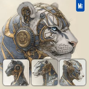 Midjourney Prompt Tiger Head Drawing Robot Mechanical Vintage Illustration
