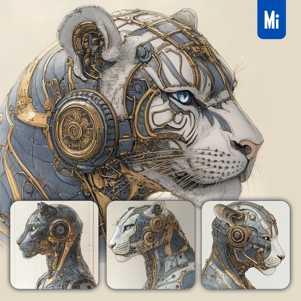 Midjourney Prompt Tiger Head Drawing Robot Mechanical Vintage Illustration