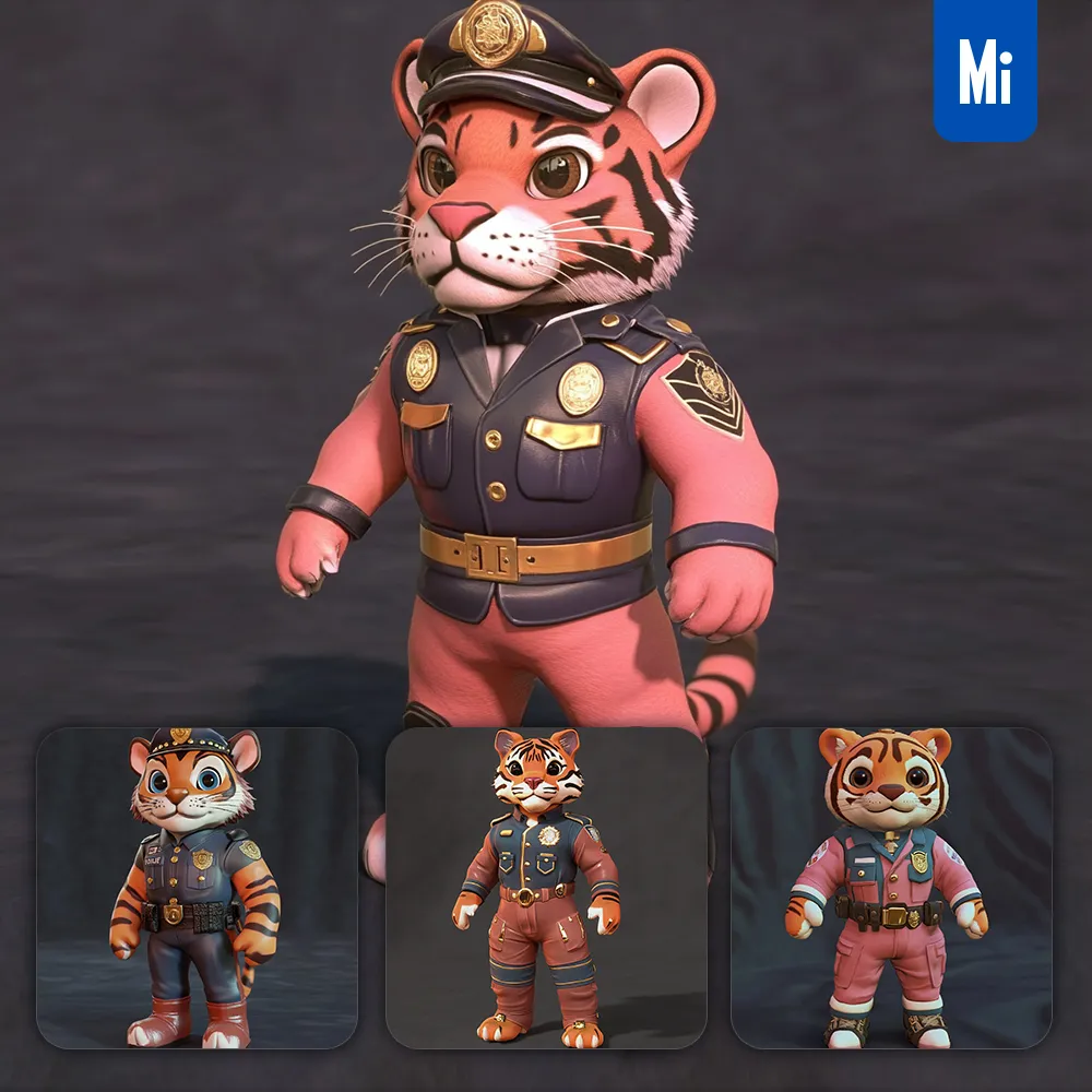Midjourney Prompt Tiger Pink Police Policeman Popmart Blindbox 3D Cartoon
