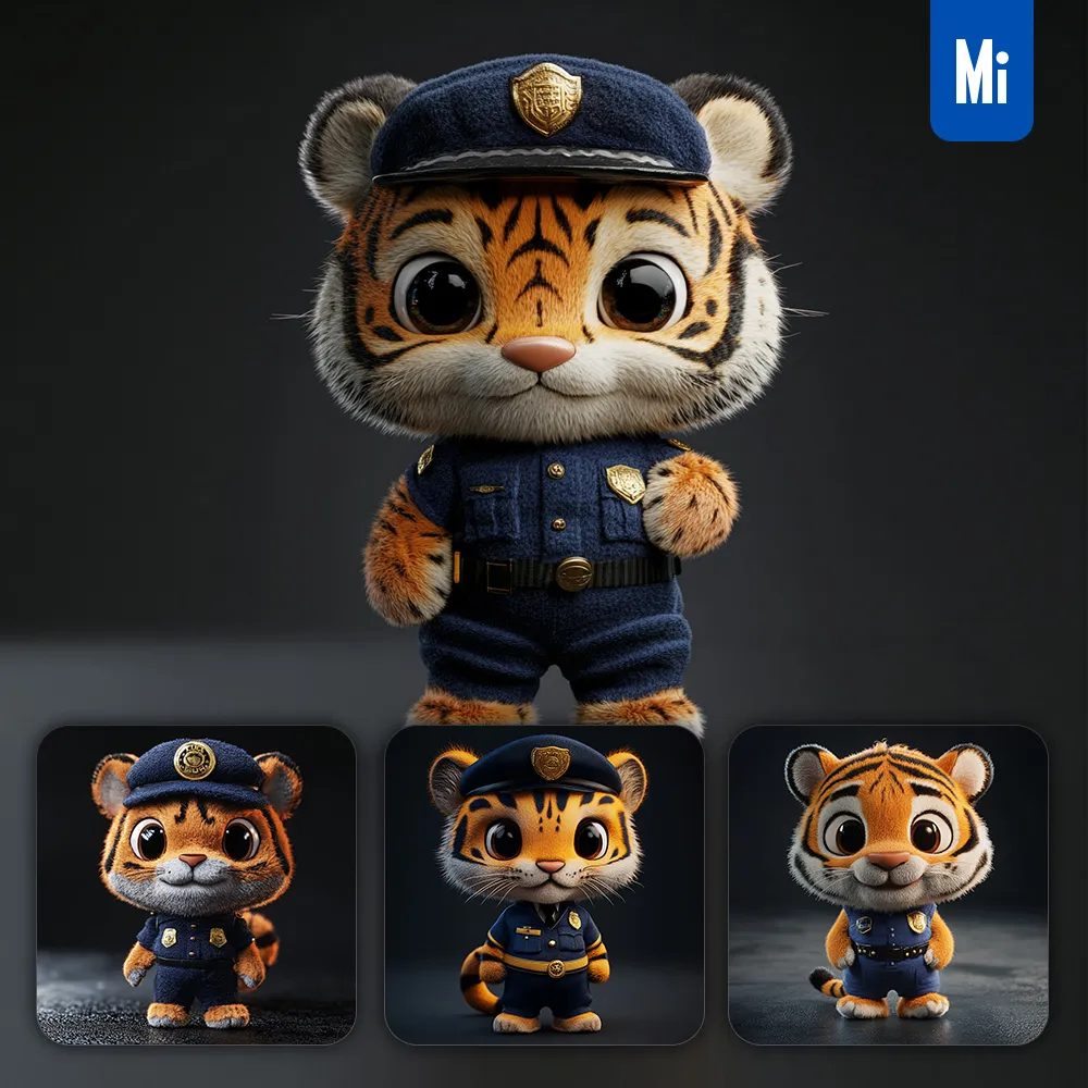 Midjourney Prompt Tiger Police Policeman Popmart Blindbox 3D Cartoon