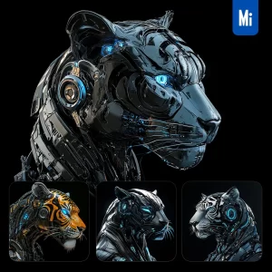 Midjourney Prompt Tiger Robot Head 3D Mechanical Photography