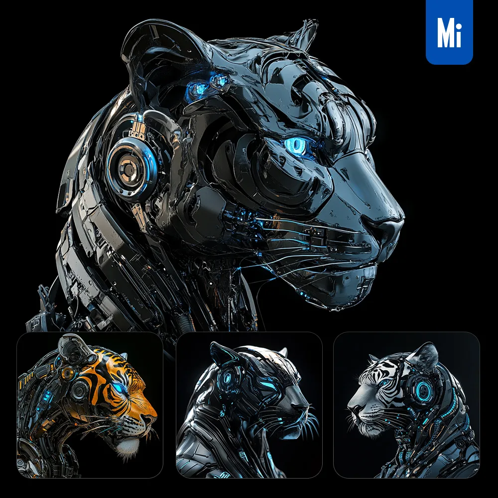 Midjourney Prompt Tiger Robot Head 3D Mechanical Photography