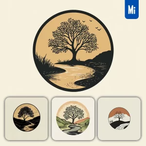 Midjourney Prompt Tree River Circular Vector Logo