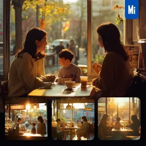 Midjourney Prompt Woman Boy Kid Coffee Shop Light Sunshine Photography