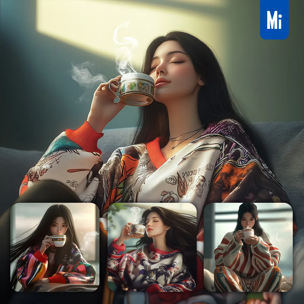 Midjourney Prompt Woman Girl Female Coffee Tea Cup Colorful Drinking 3D Cartoon