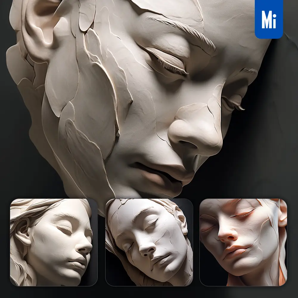 Midjourney Prompt Woman Girl Female Face Porcelain White Skin Sculpture 3D