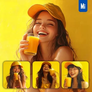 Midjourney Prompt Yellow Beautiful Girl Portrait Cap Orange Drink Juice Cartoon 3D Illustration