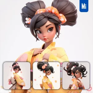 Midjourney Prompt Yellow Girl Woman Female Sakura Kimono 3D Cartoon