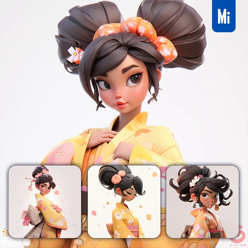 Midjourney Prompt Yellow Girl Woman Female Sakura Kimono 3D Cartoon