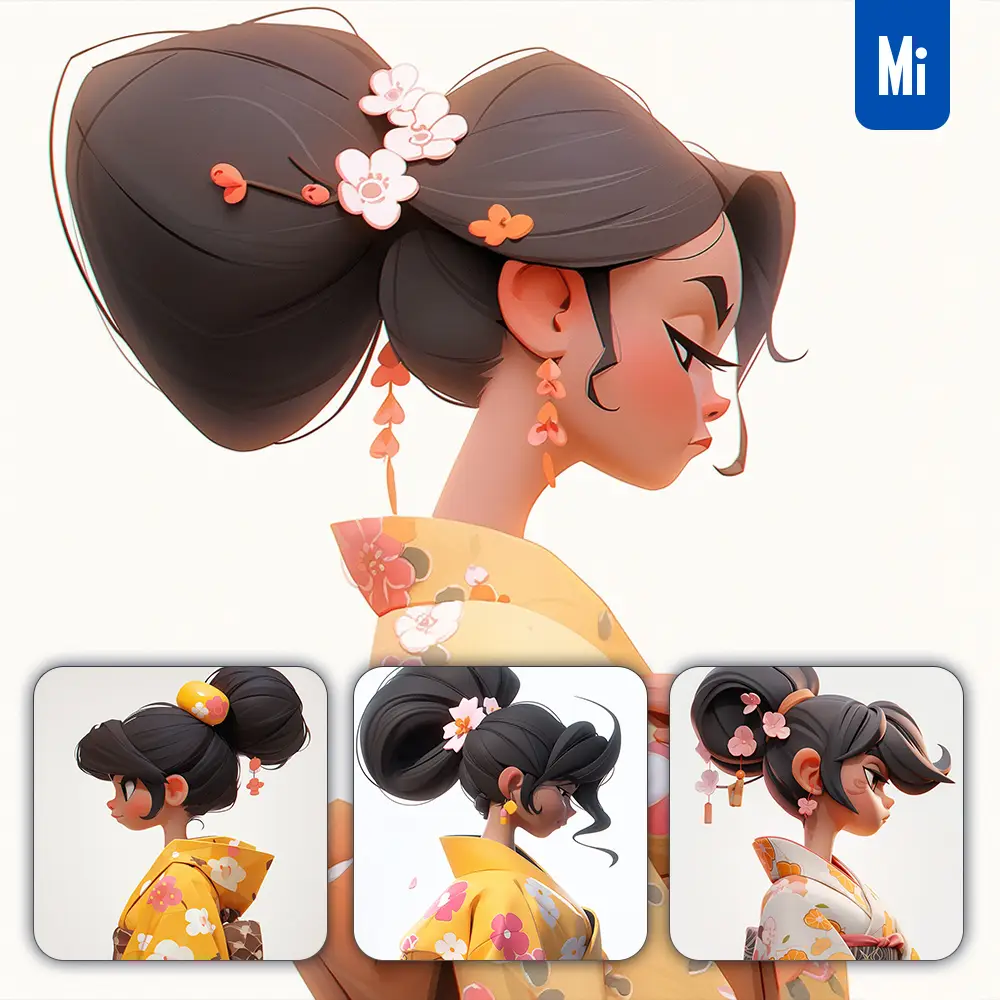 Midjourney Prompt Yellow Girl Woman Female Sakura Kimono Portrait 3D Cartoon