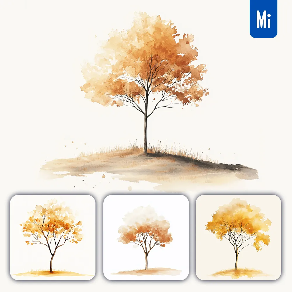 Midjourney Prompt Yellow Gold Golden Single Tree Watercolor Painting Illustration