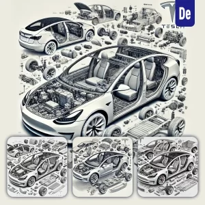 Dalle Prompt Model 3 Tesla 3D Breakdown Exploded Drawing Illustration
