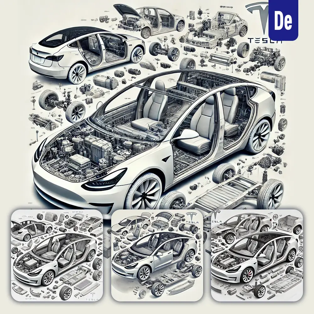 Dalle Prompt Model 3 Tesla 3D Breakdown Exploded Drawing Illustration