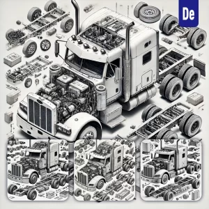 Dalle Prompt Peterbilt Kenworth Truck 3D Breakdown Exploded Drawing Illustration