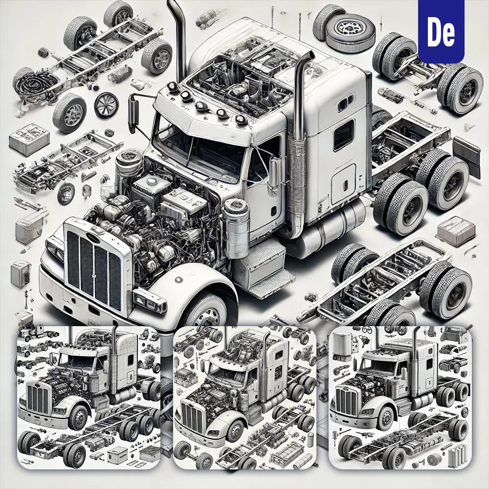 Dalle Prompt Peterbilt Kenworth Truck 3D Breakdown Exploded Drawing Illustration