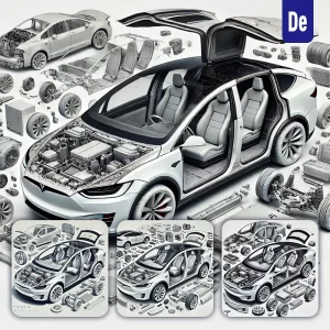 Dalle Prompt Model X Tesla 3D Breakdown Exploded Drawing Illustration