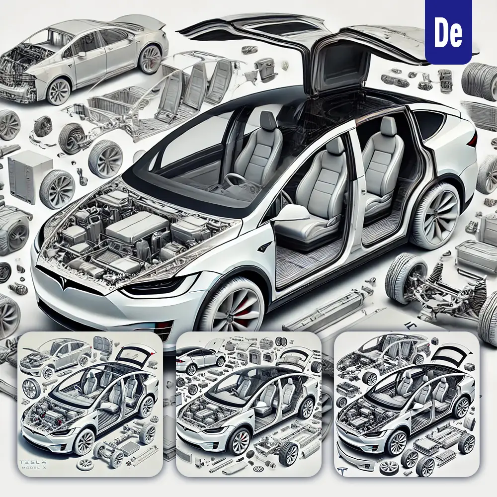 Dalle Prompt Model X Tesla 3D Breakdown Exploded Drawing Illustration
