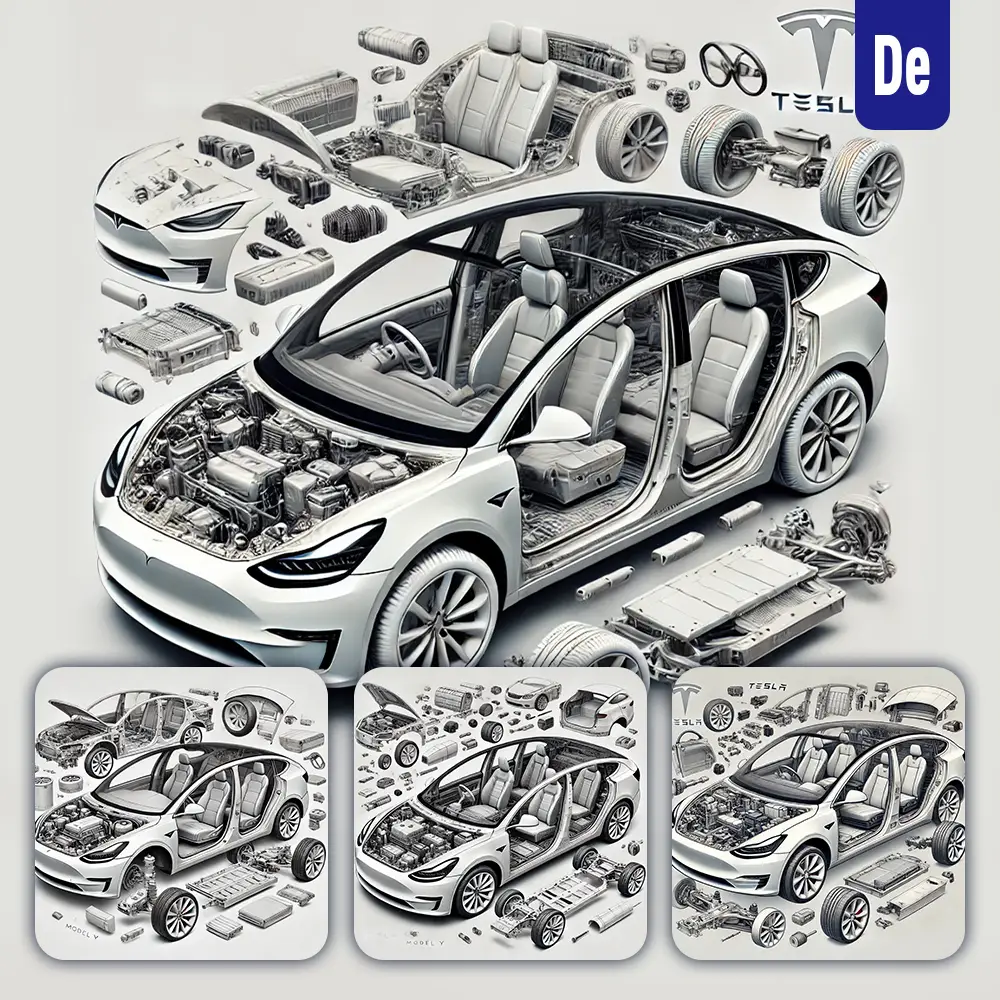 Dalle Prompt Model Y Tesla 3D Breakdown Exploded Drawing Illustration