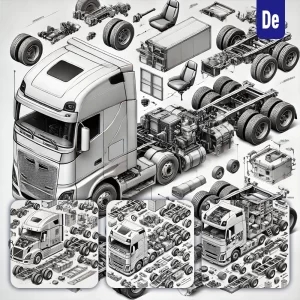 Dalle Prompt Semi Trailer Truck 3D Breakdown Exploded Drawing Illustration