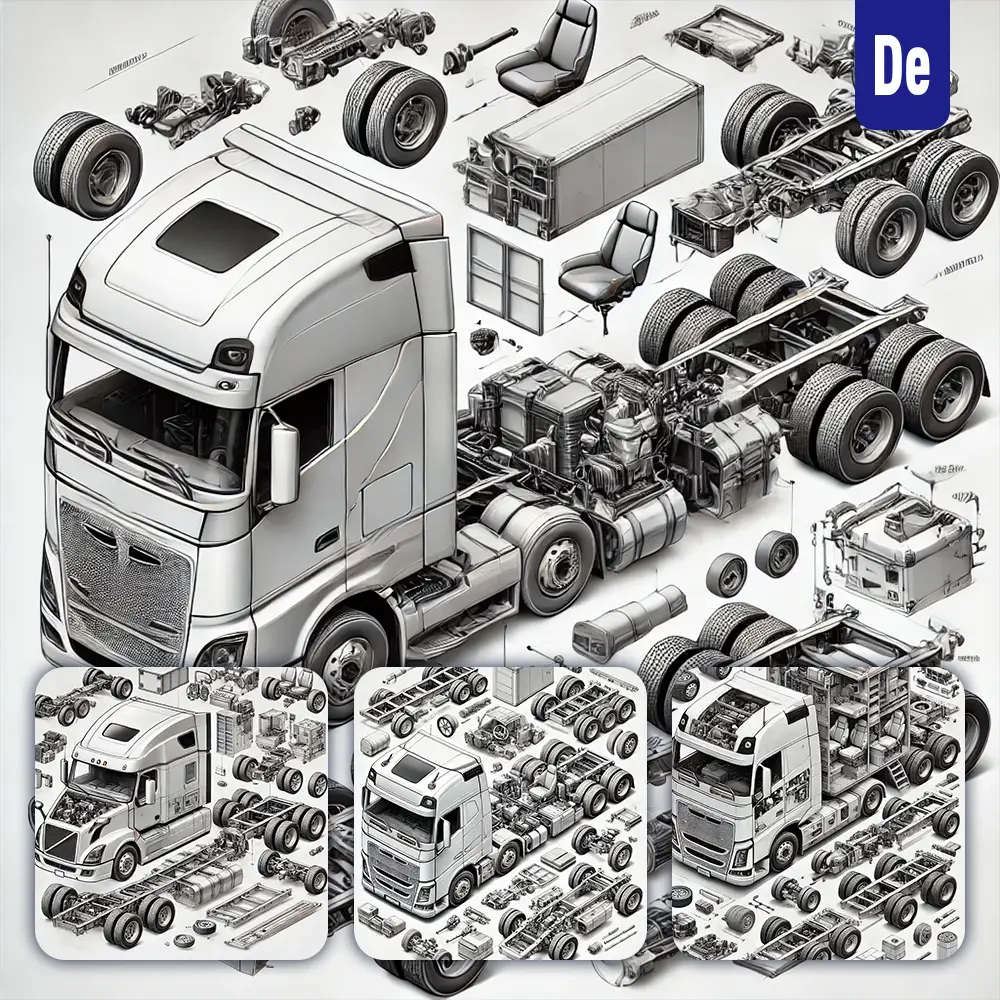 Dalle Prompt Semi Trailer Truck 3D Breakdown Exploded Drawing Illustration
