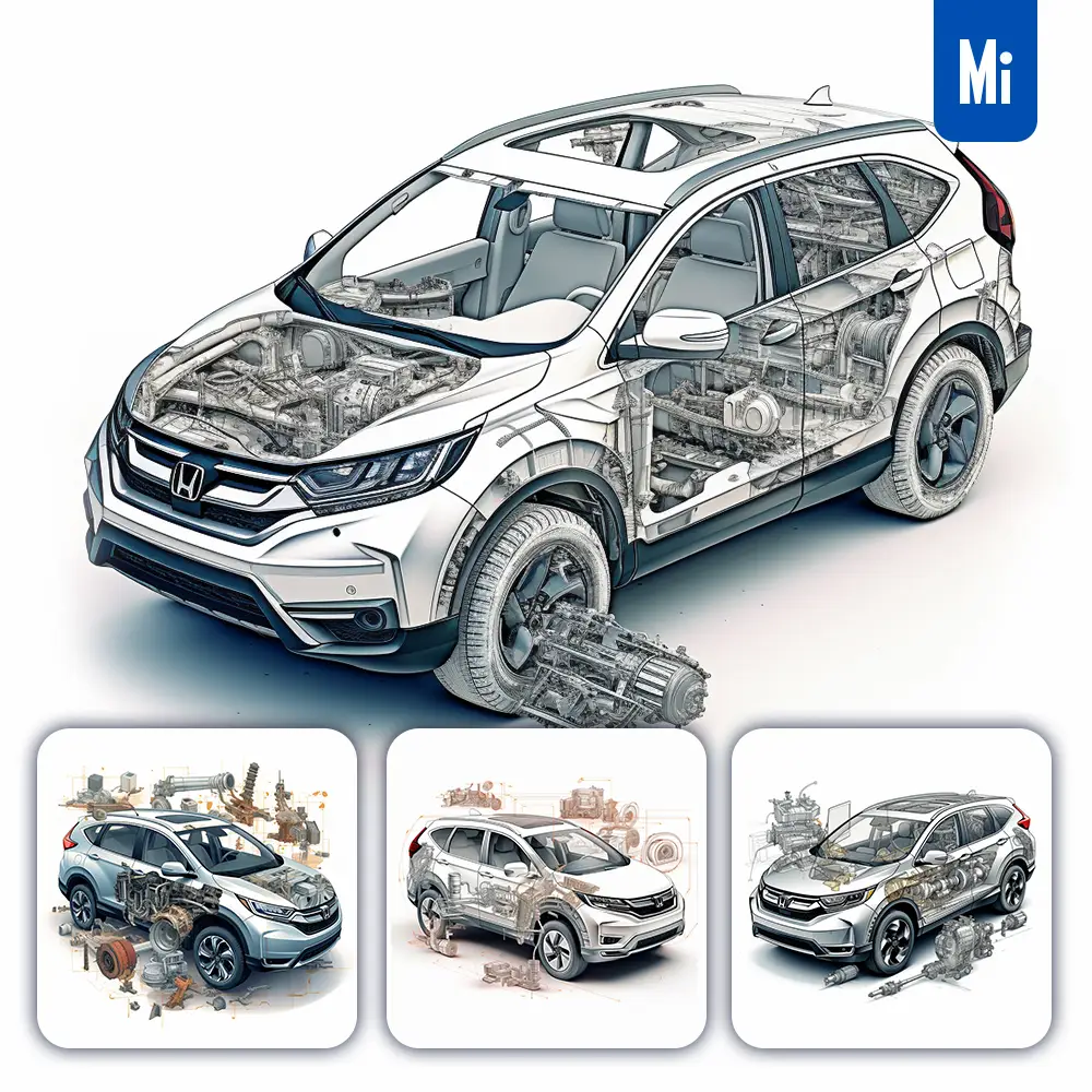 Midjourney Prompt CRV Honda 3D Breakdown Drawing Illustration