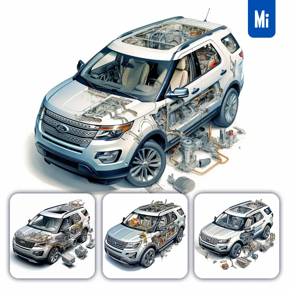 Midjourney Prompt Ford Explorer 3D Breakdown Drawing Illustration