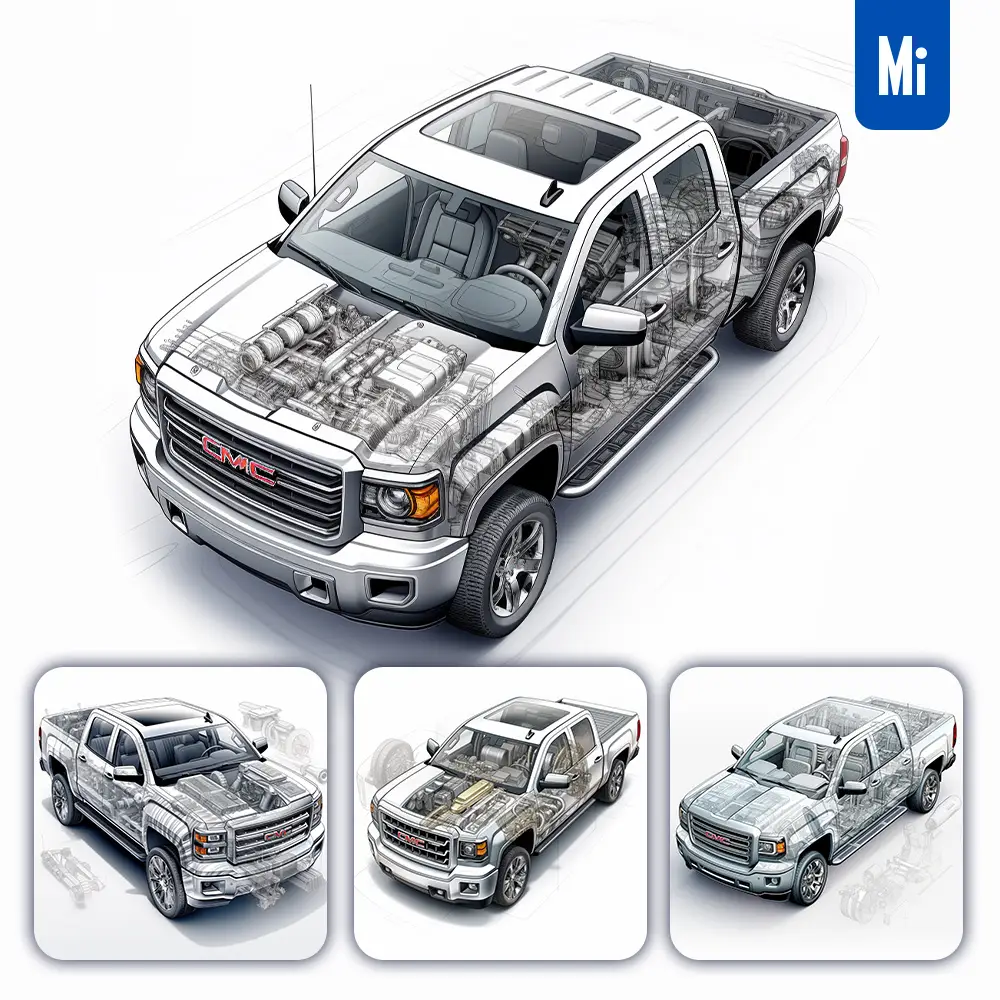 Midjourney Prompt GMC Sierra Pickup 3D Breakdown Drawing Illustration