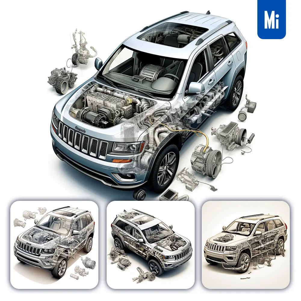 Midjourney Prompt Jeep Grand Cherokee 3D Breakdown Drawing Illustration